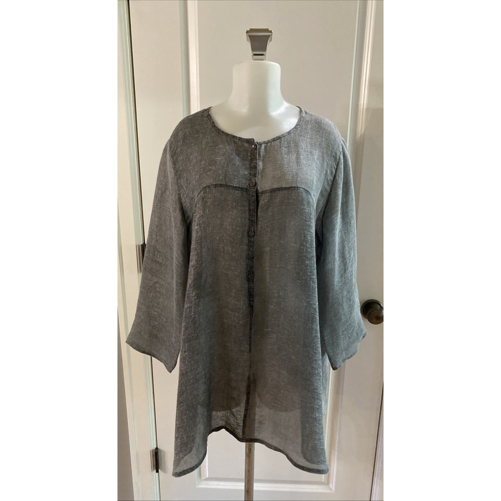 Eileen Fisher 100% Linen Tunic Size Large Gray Button Lagenlook Resort Top Shirt